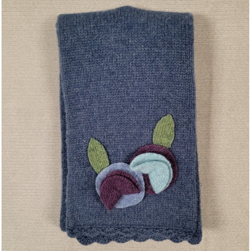 LL Bean Keyhole Scarf Wool Blend Felt Applique Flowers NEW Womens One Size Blue